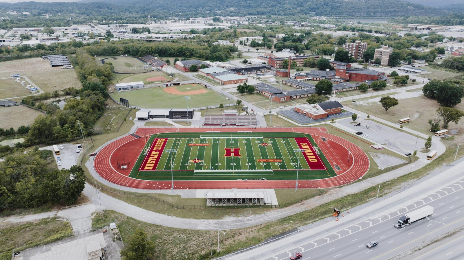 Aerial photograph of the Howard High School stadium and surrounding buildings in Chattanooga, Tennessee.